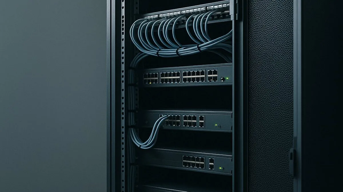 Netzwerkschrank mit Switch und blauen Patchkabeln, dunkel