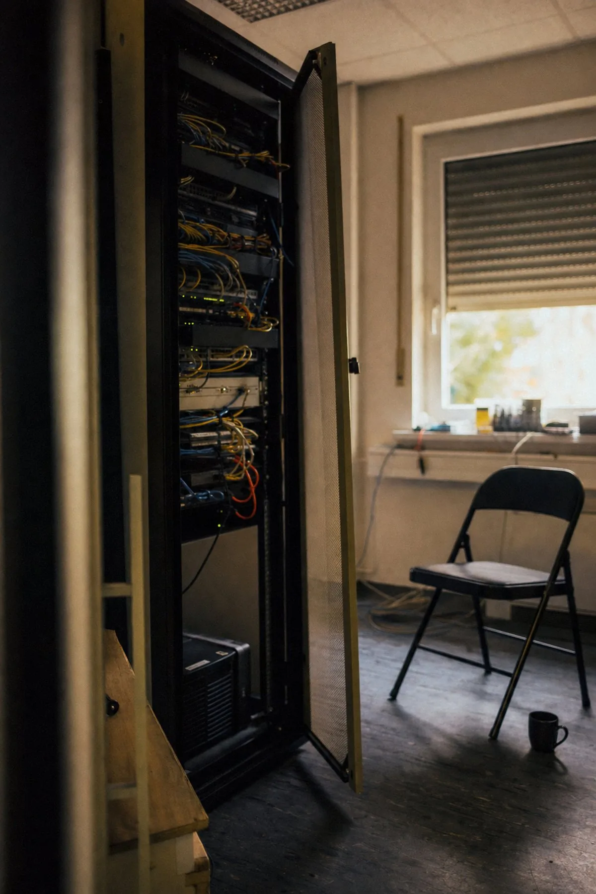 Technikraum mit Rack, Fenster und Klappstuhl, halbdunkel